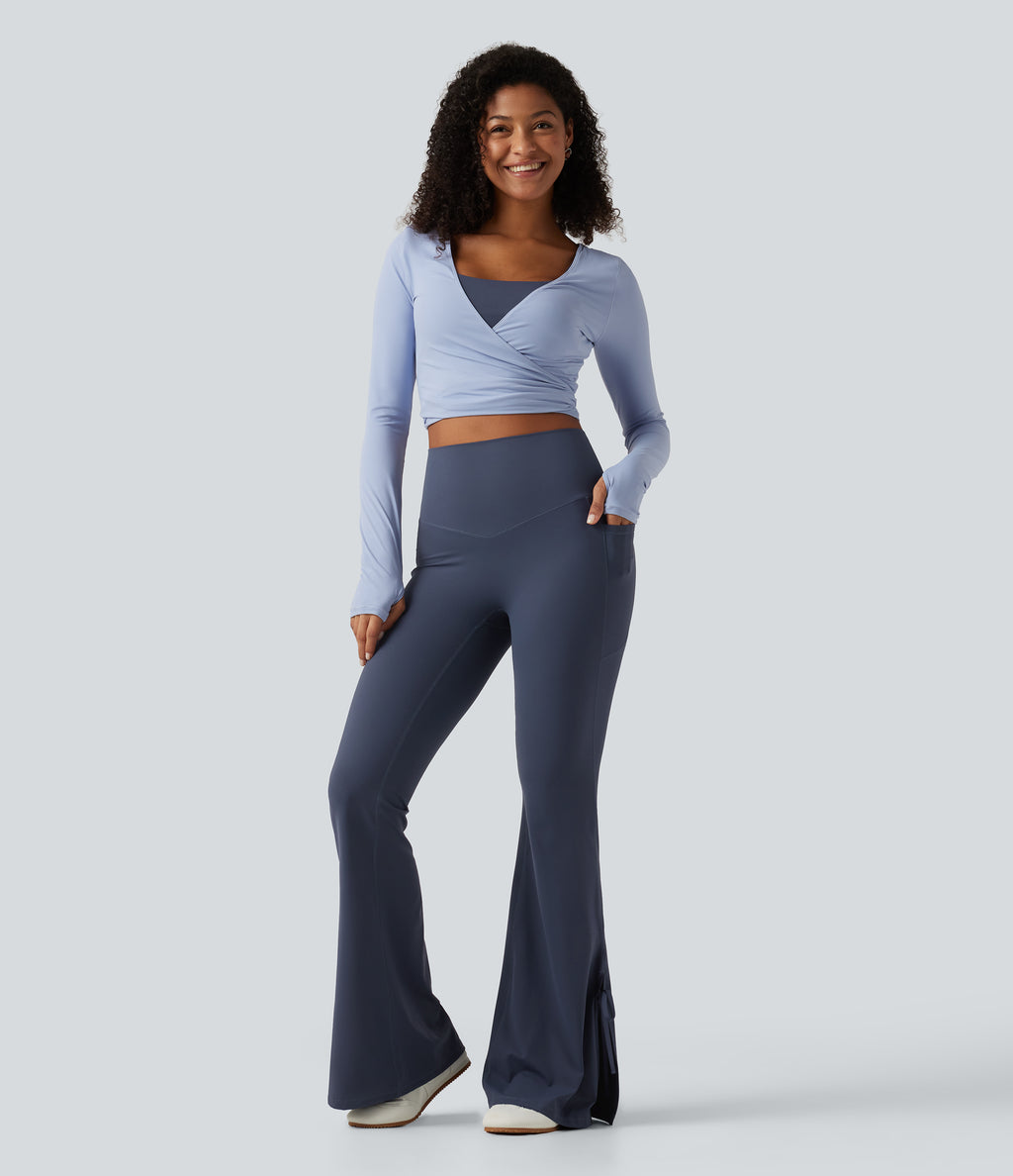 High Waisted Lace Up Flare Yoga Leggings with Pockets — Mood Indigo — view 8