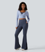 High Waisted Lace Up Flare Yoga Leggings with Pockets — Mood Indigo — view 8