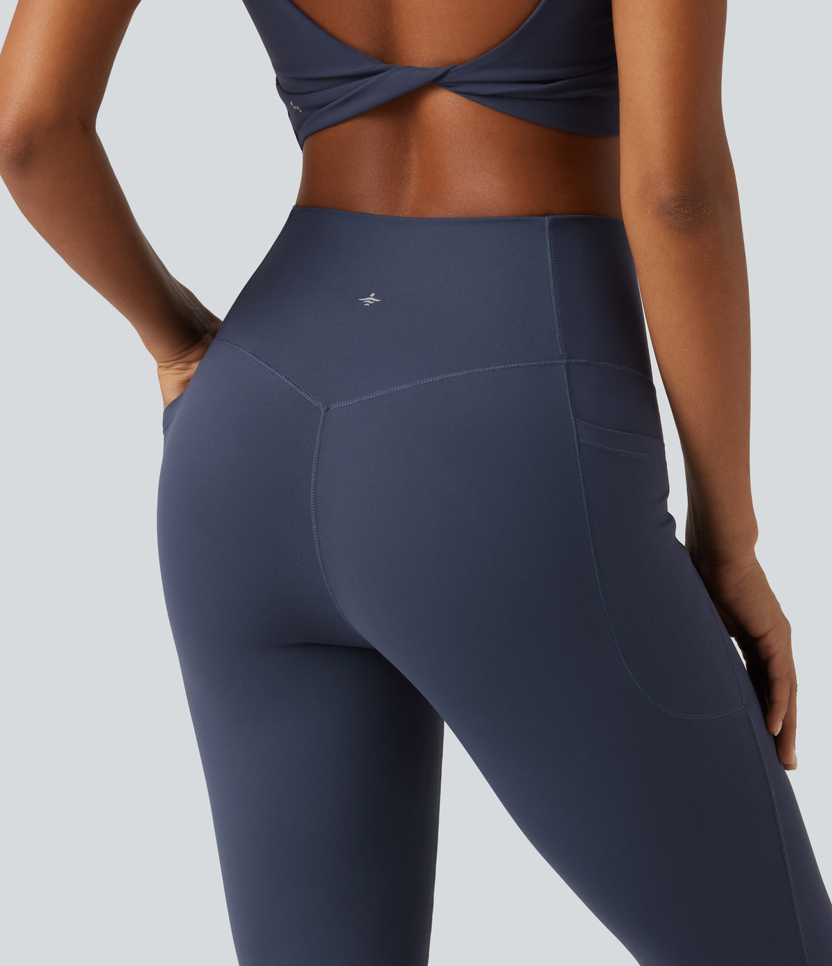 High Waisted Lace Up Flare Yoga Leggings with Pockets — Mood Indigo — view 5