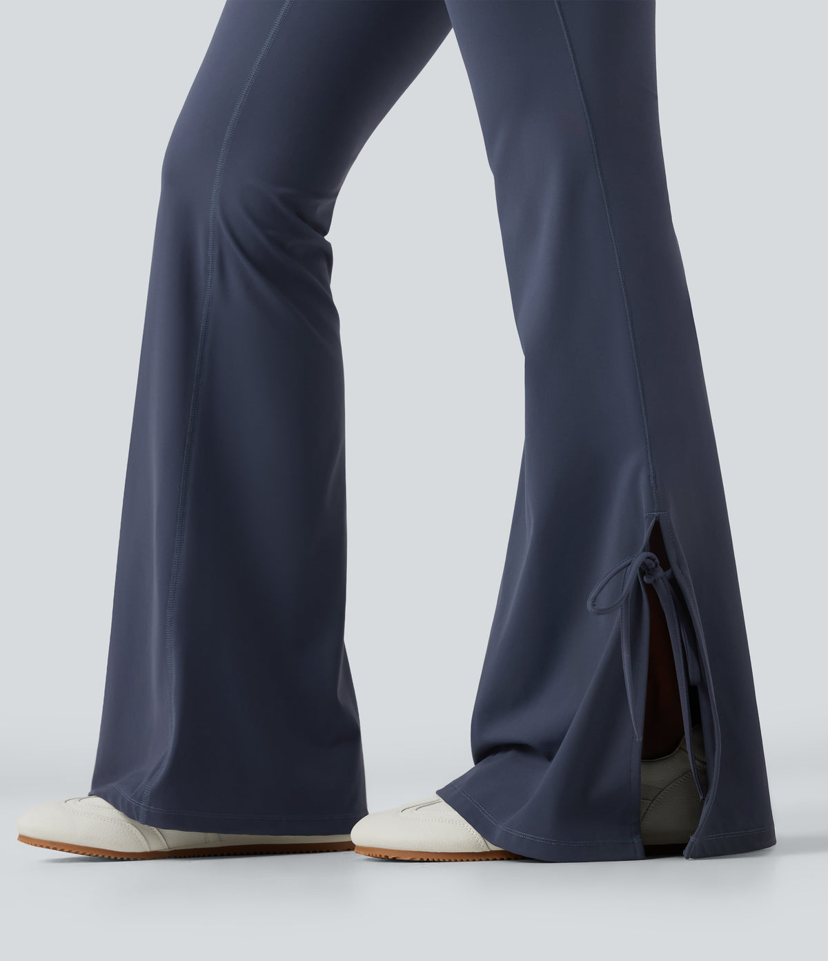 High Waisted Lace Up Flare Yoga Leggings with Pockets — Mood Indigo — view 6