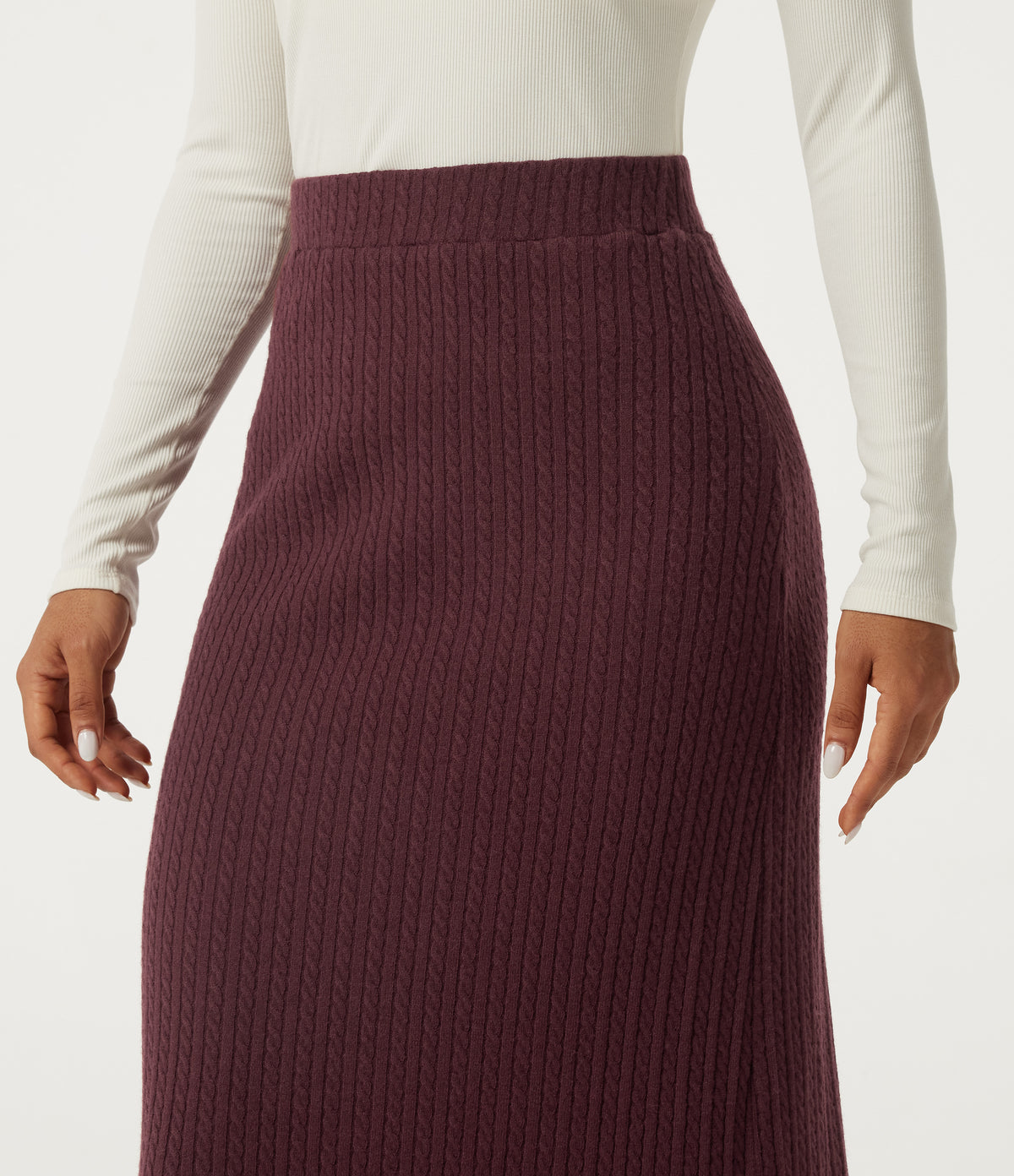 High Waisted Split Hem A-Line Midi Casual Skirt — Muddled Berry — view 6