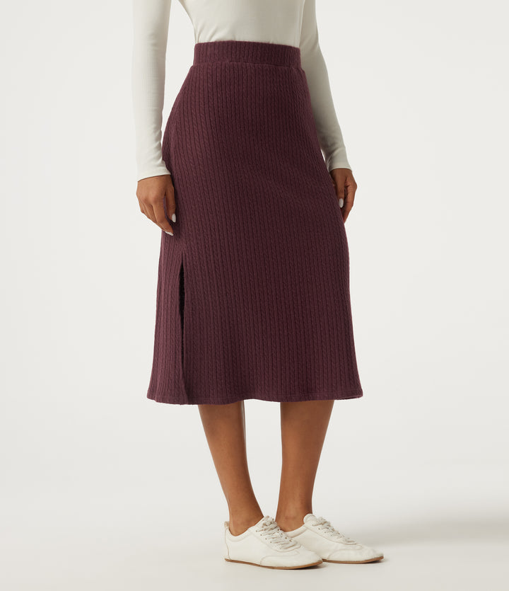 High Waisted Split Hem A-Line Midi Casual Skirt — Muddled Berry — view 1