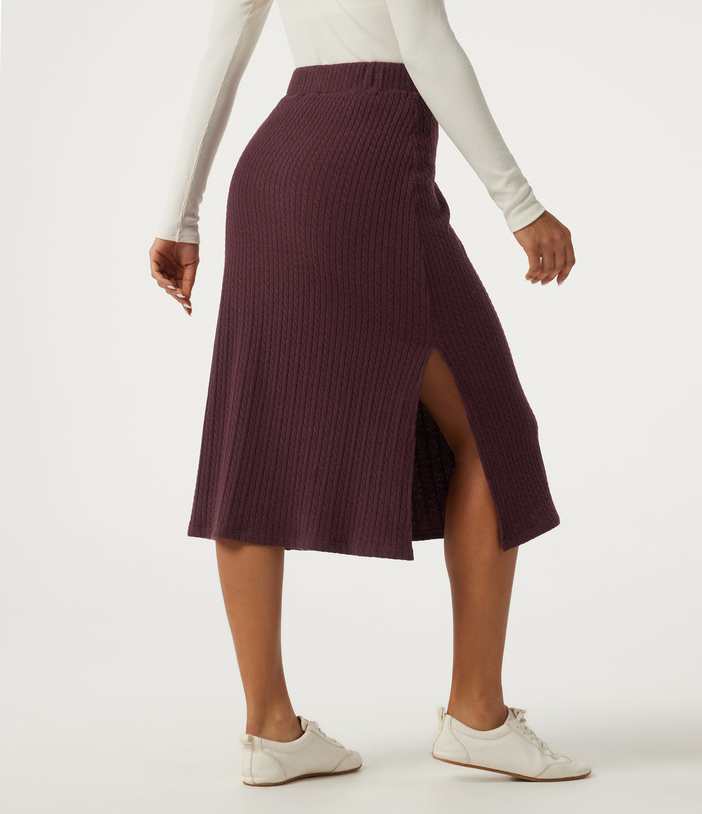 High Waisted Split Hem A-Line Midi Casual Skirt — Muddled Berry — view 2