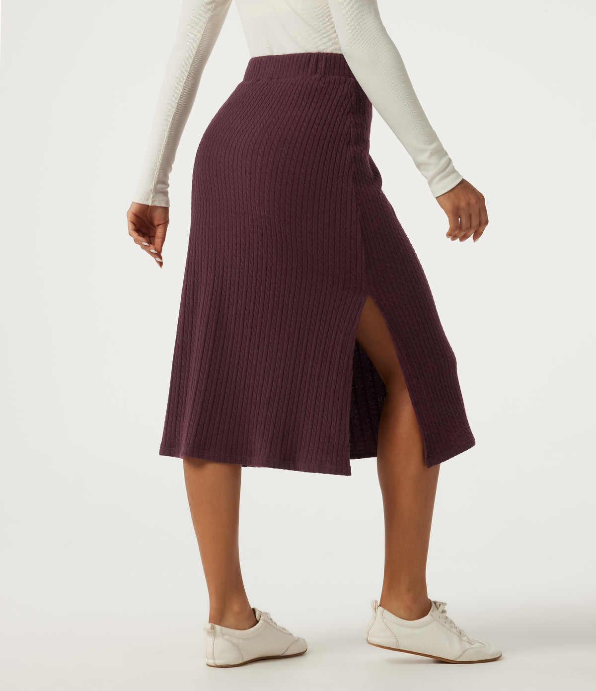 High Waisted Split Hem A-Line Midi Casual Skirt — Muddled Berry — view 2