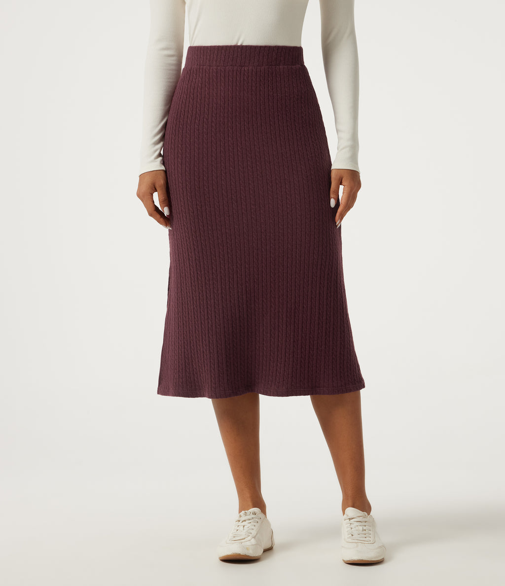 High Waisted Split Hem A-Line Midi Casual Skirt — Muddled Berry — view 3