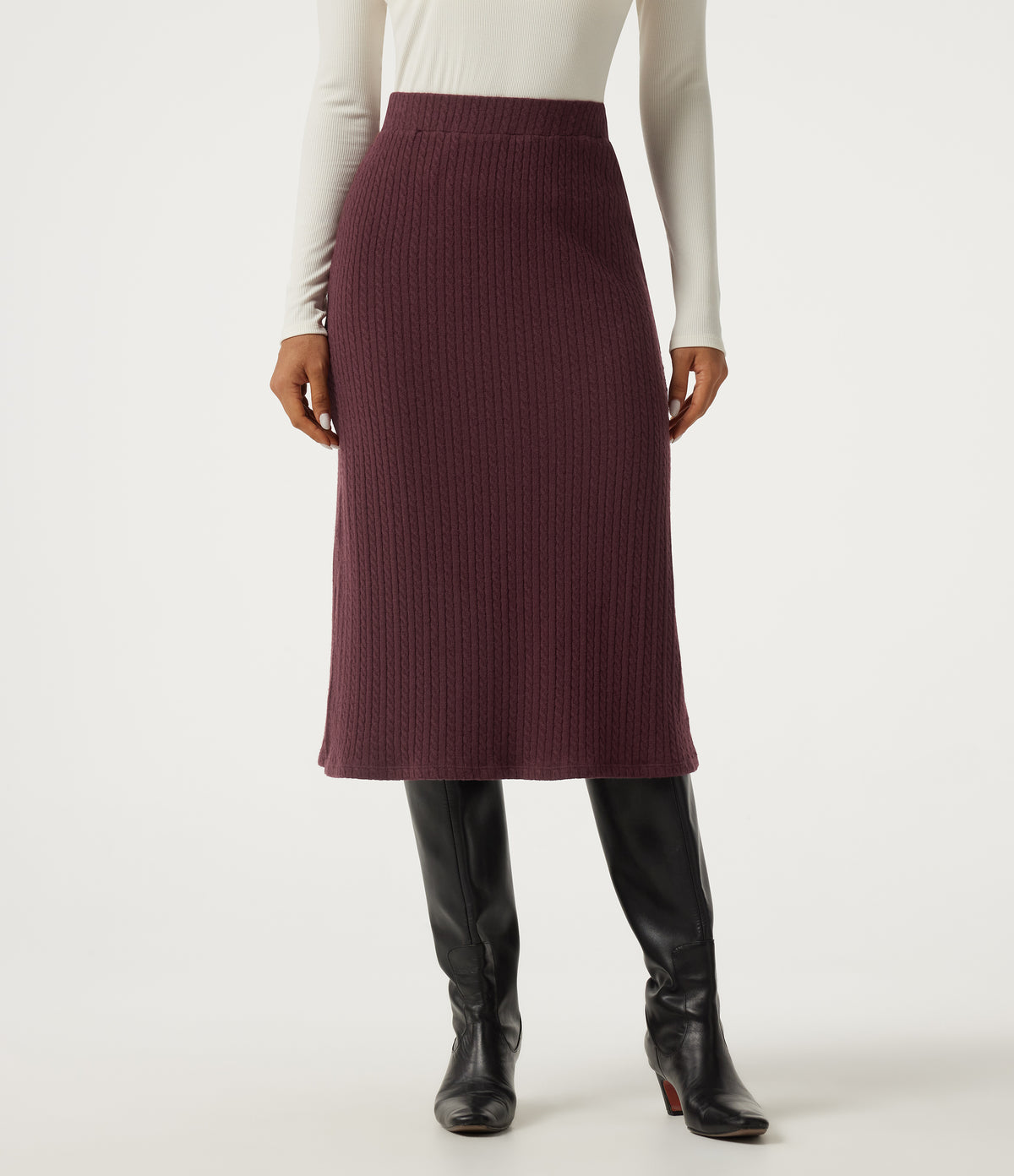 High Waisted Split Hem A-Line Midi Casual Skirt — Muddled Berry — view 4