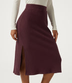 High Waisted Split Hem A-Line Midi Casual Skirt — Muddled Berry — view 5