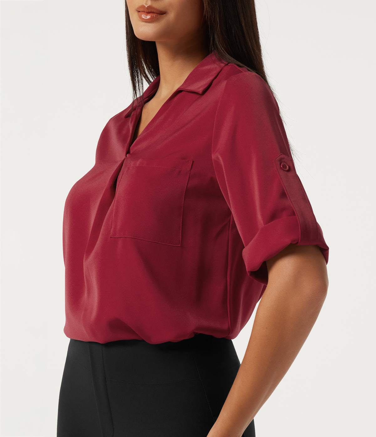 Wrinkle Recovery V Neck Long Sleeve Work Shirt with Pocket — Rhythmic Red — view 7