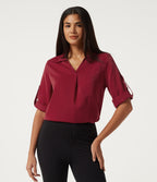 Wrinkle Recovery V Neck Long Sleeve Work Shirt with Pocket — Rhythmic Red — view 3