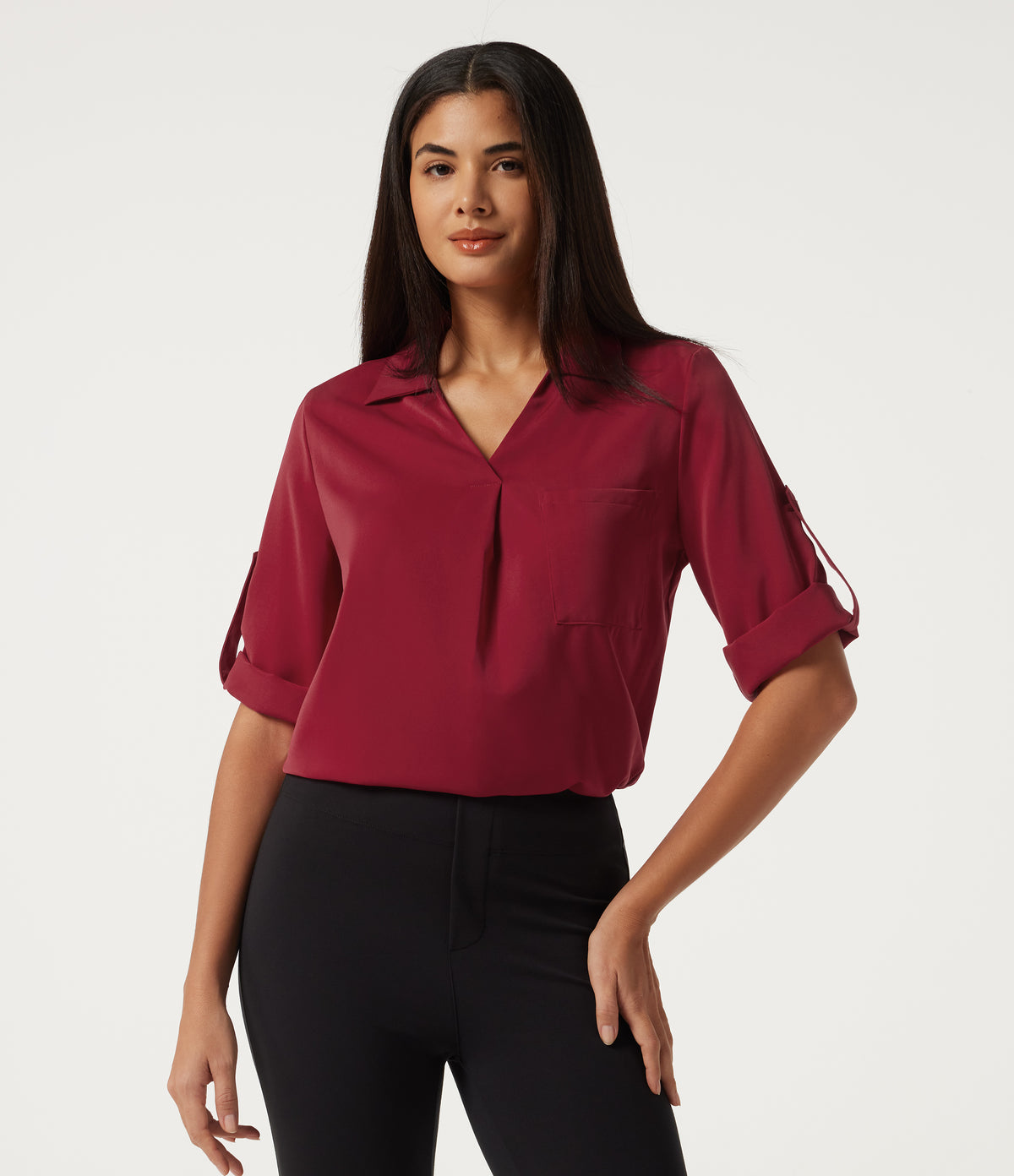Wrinkle Recovery V Neck Long Sleeve Work Shirt with Pocket — Rhythmic Red — view 3