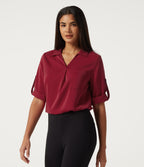 Wrinkle Recovery V Neck Long Sleeve Work Shirt with Pocket — Rhythmic Red — view 4