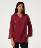 Wrinkle Recovery V Neck Long Sleeve Work Shirt with Pocket — Rhythmic Red — view 6