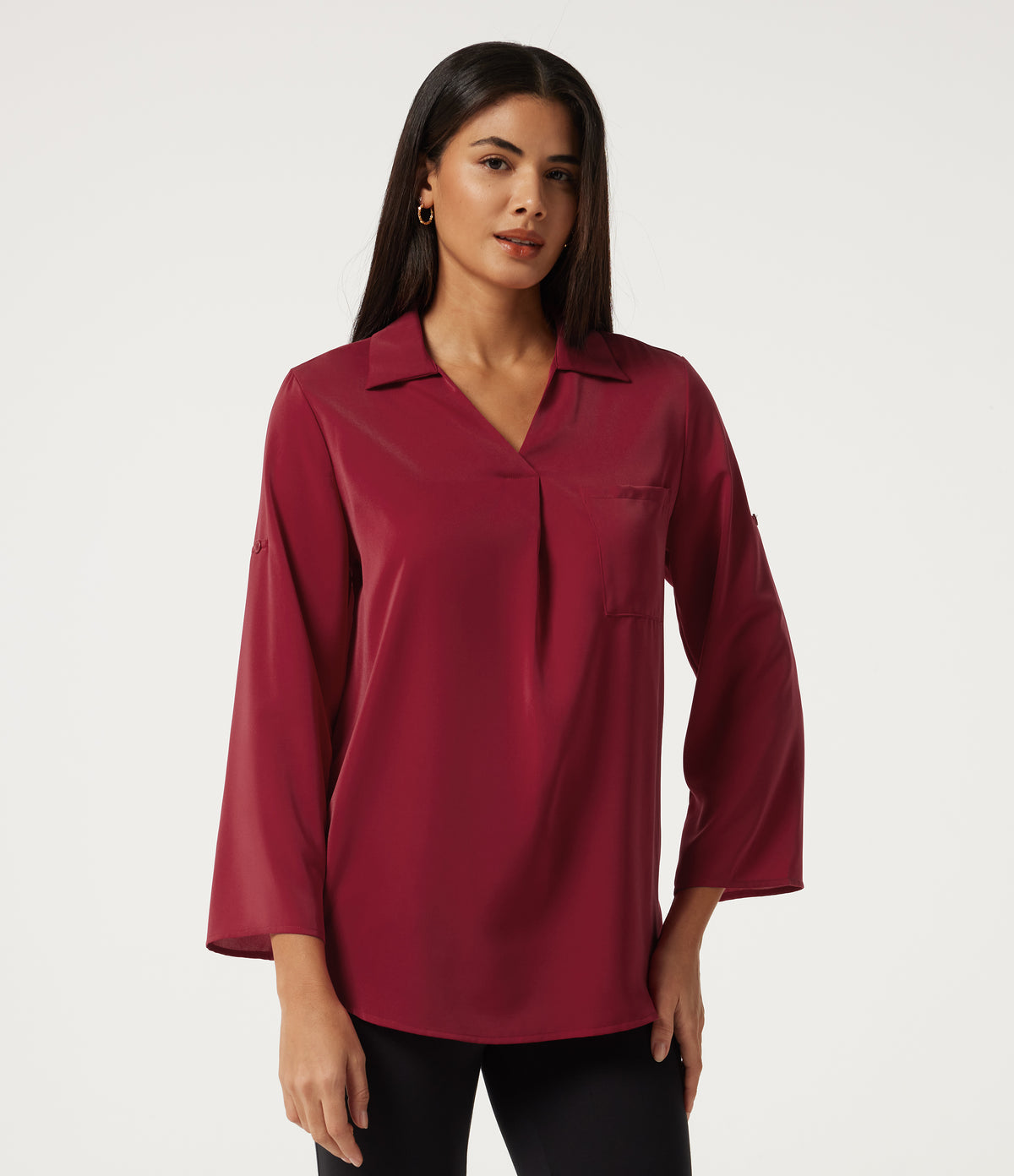 Wrinkle Recovery V Neck Long Sleeve Work Shirt with Pocket — Rhythmic Red — view 6