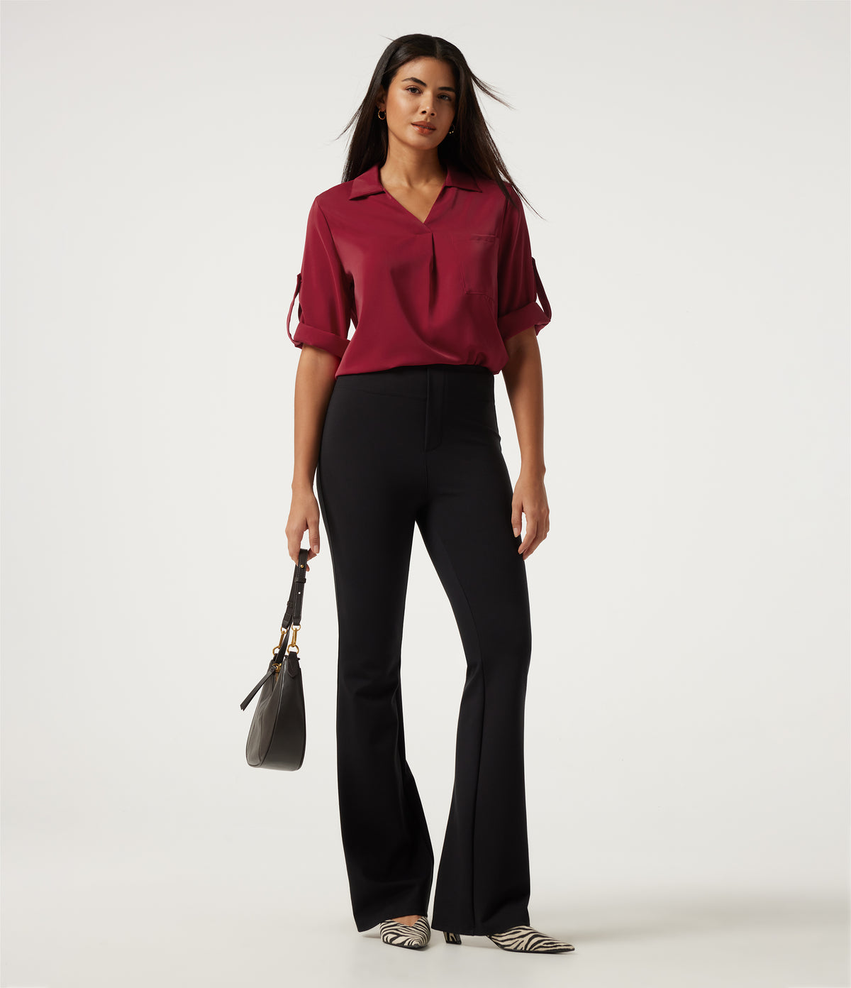 Wrinkle Recovery V Neck Long Sleeve Work Shirt with Pocket — Rhythmic Red — view 8