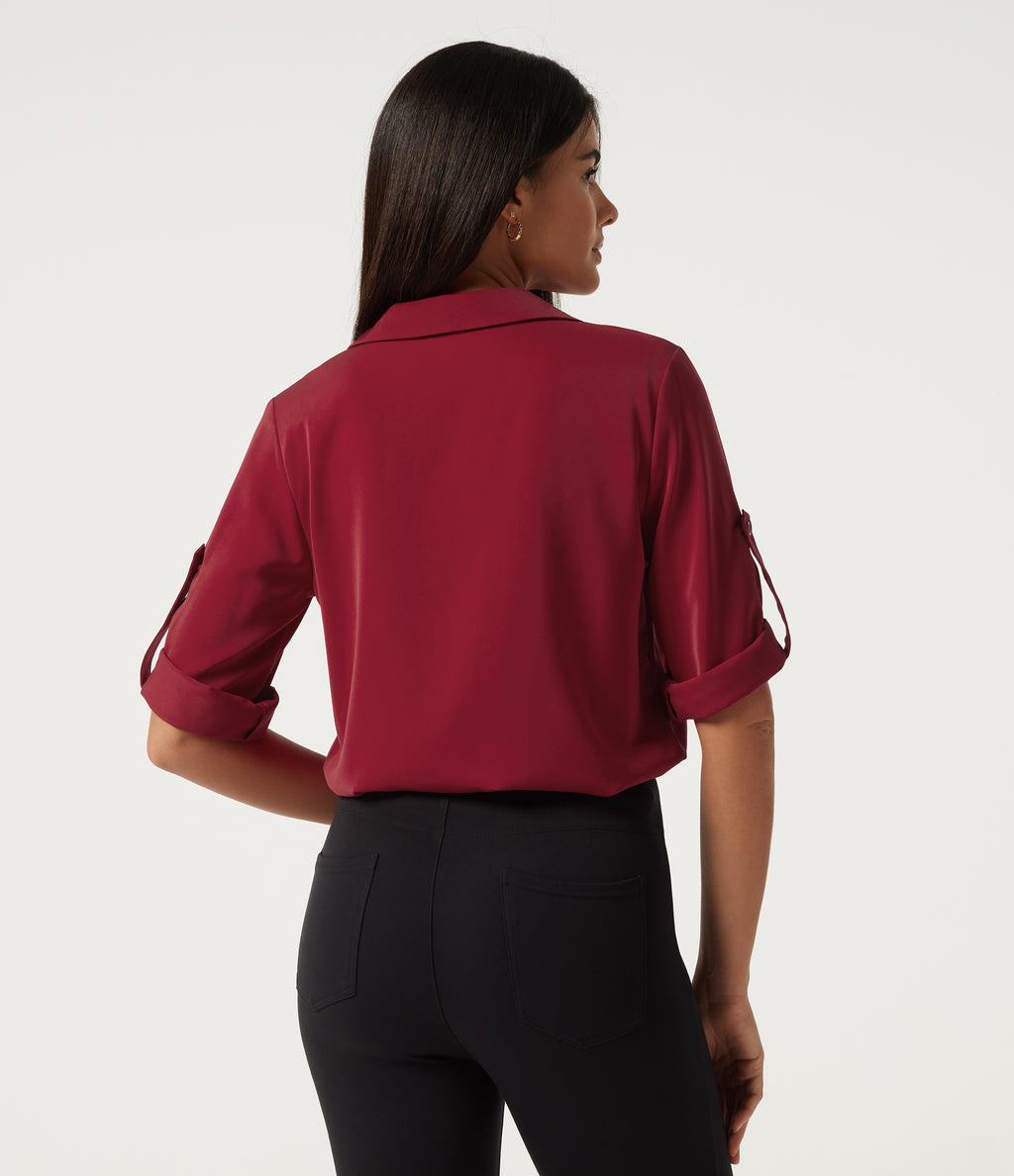 Wrinkle Recovery V Neck Long Sleeve Work Shirt with Pocket — Rhythmic Red — view 2