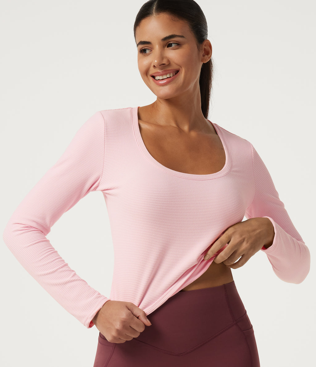 U Neck Long Sleeve Quick Dry Boxy Yoga Top — Parfait Pink — view 1
