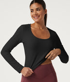 U Neck Long Sleeve Quick Dry Boxy Yoga Top — Black — view 6