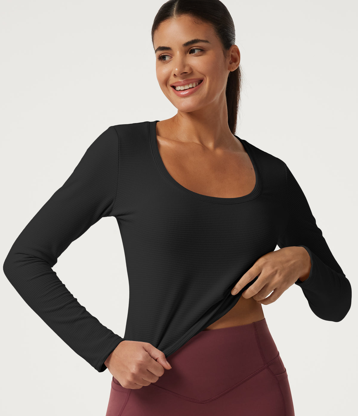 U Neck Long Sleeve Quick Dry Boxy Yoga Top — Black — view 6