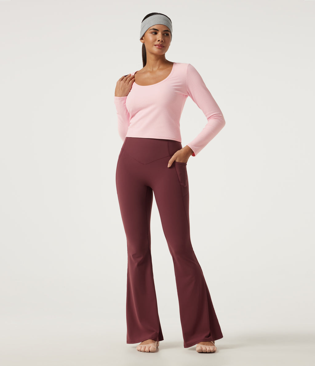 U Neck Long Sleeve Quick Dry Boxy Yoga Top — Parfait Pink — view 5
