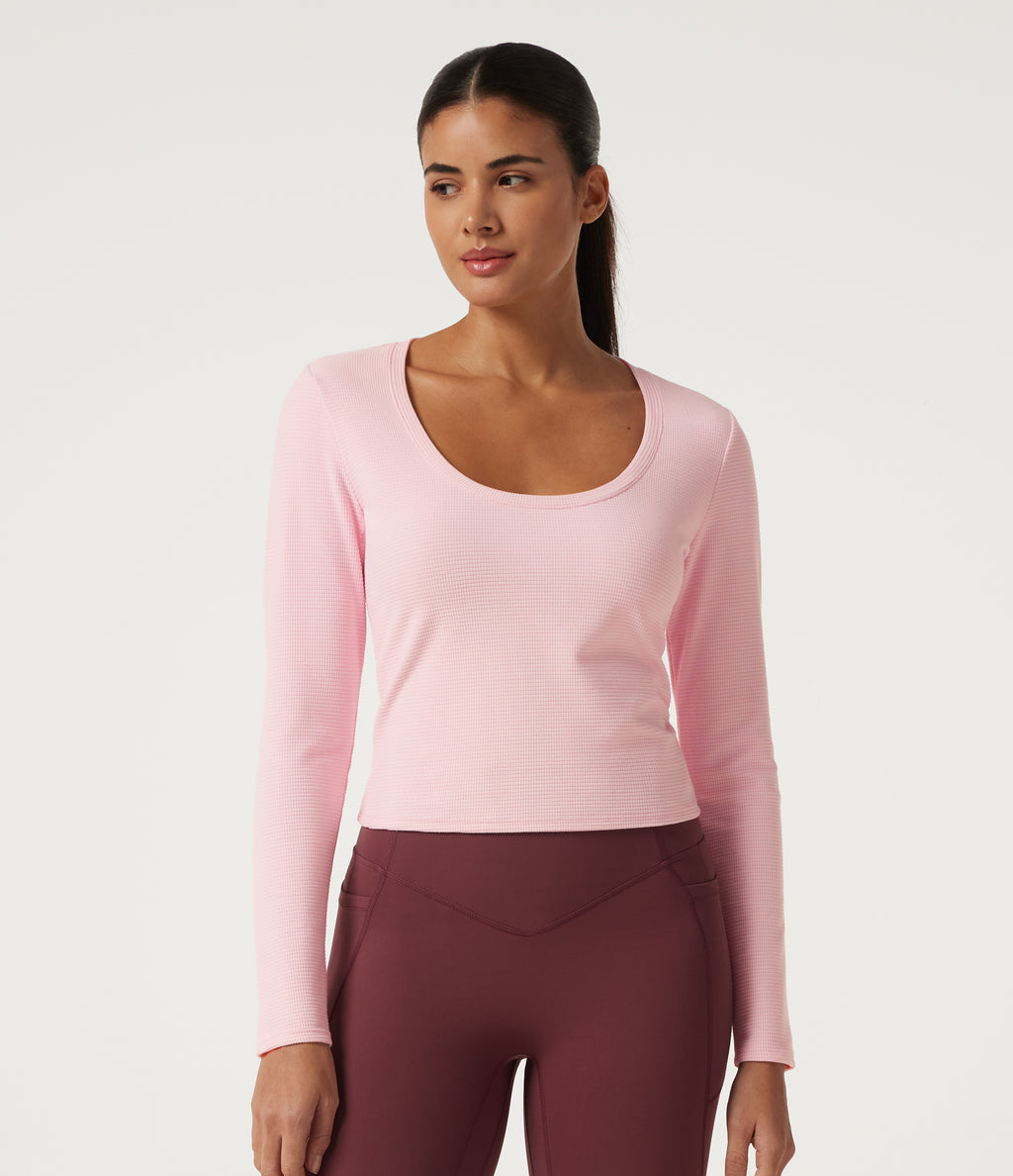 U Neck Long Sleeve Quick Dry Boxy Yoga Top — Parfait Pink — view 4