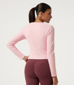 U Neck Long Sleeve Quick Dry Boxy Yoga Top — Parfait Pink — view 2