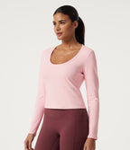 U Neck Long Sleeve Quick Dry Boxy Yoga Top — Parfait Pink — view 3