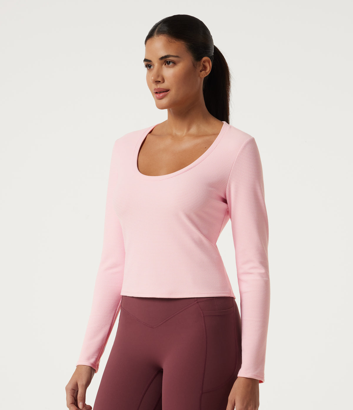 U Neck Long Sleeve Quick Dry Boxy Yoga Top — Parfait Pink — view 3