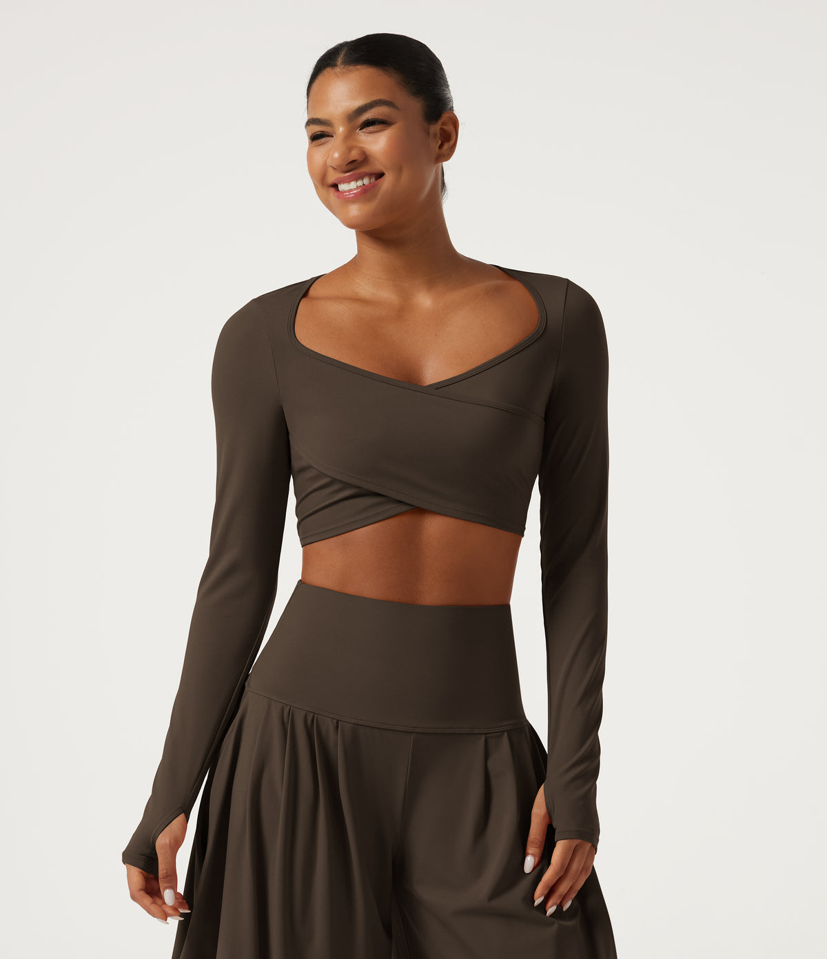 Airy Queen Anne Neck Long Sleeve Thumb Hole Crossover Hem InstantCool Cropped Yoga Sports Top — Chocolate Martini — view 4
