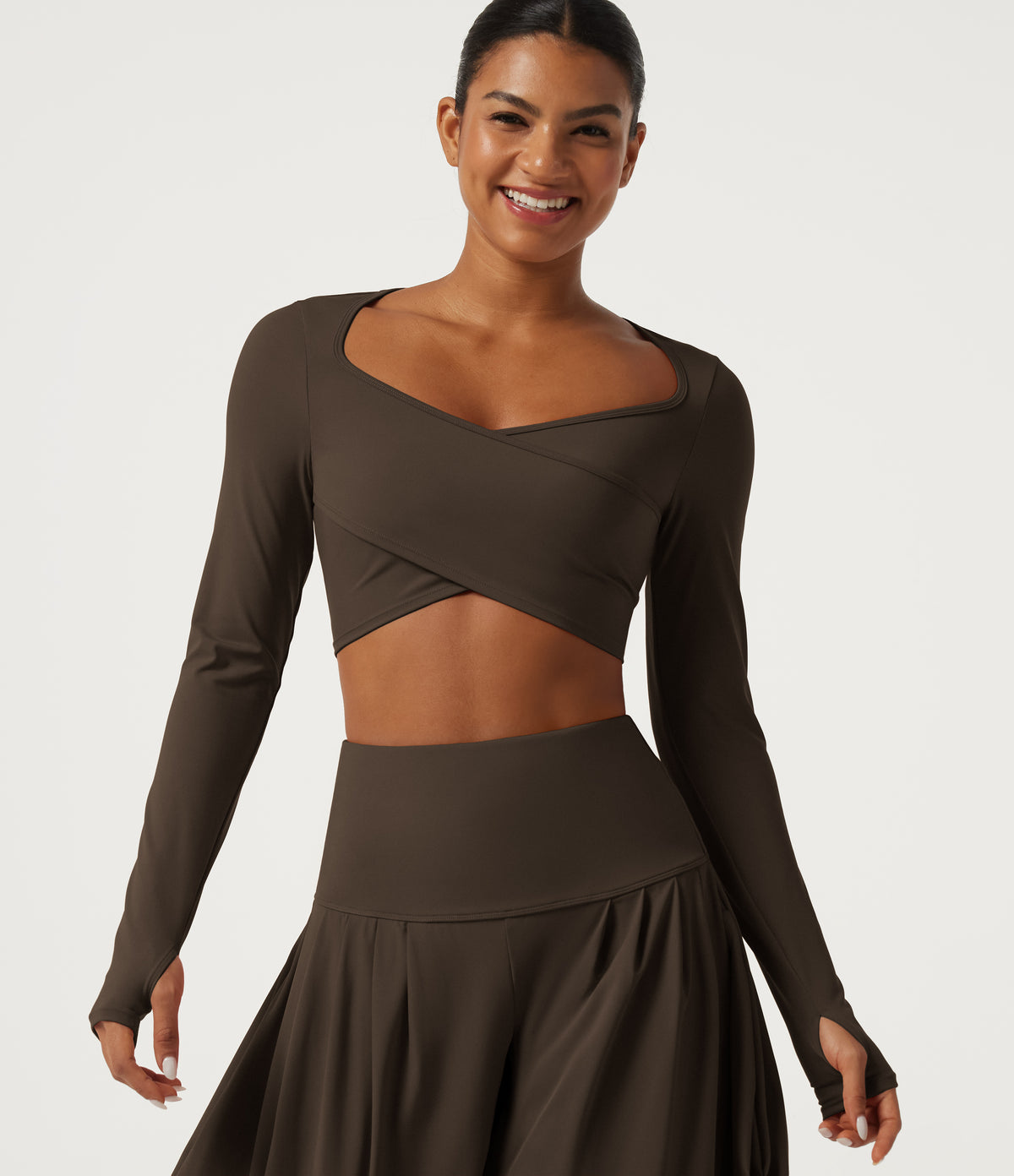 Airy Queen Anne Neck Long Sleeve Thumb Hole Crossover Hem InstantCool Cropped Yoga Sports Top — Chocolate Martini — view 1