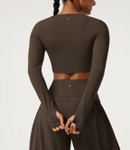 Airy Queen Anne Neck Long Sleeve Thumb Hole Crossover Hem InstantCool Cropped Yoga Sports Top — Chocolate Martini — view 5