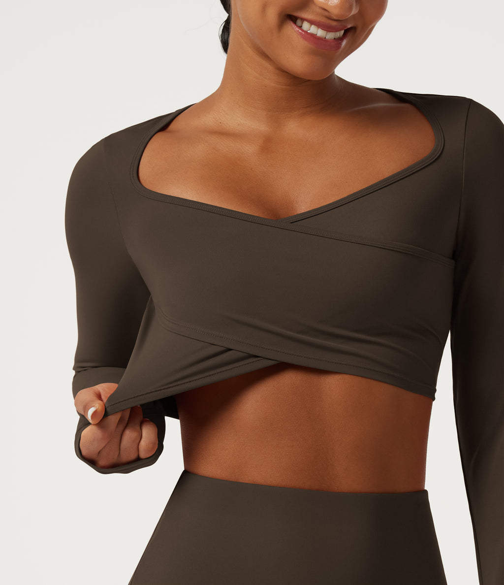 Airy Queen Anne Neck Long Sleeve Thumb Hole Crossover Hem InstantCool Cropped Yoga Sports Top — Chocolate Martini — view 6