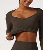 Airy Queen Anne Neck Long Sleeve Thumb Hole Crossover Hem InstantCool Cropped Yoga Sports Top — Chocolate Martini — view 6