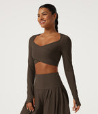 Airy Queen Anne Neck Long Sleeve Thumb Hole Crossover Hem InstantCool Cropped Yoga Sports Top — Chocolate Martini — view 3