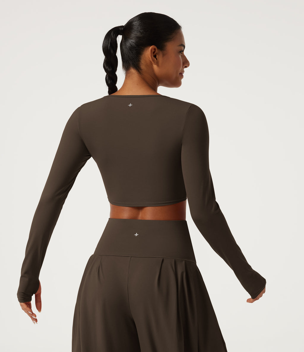 Airy Queen Anne Neck Long Sleeve Thumb Hole Crossover Hem InstantCool Cropped Yoga Sports Top — Chocolate Martini — view 2
