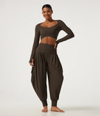 Airy Queen Anne Neck Long Sleeve Thumb Hole Crossover Hem InstantCool Cropped Yoga Sports Top — Chocolate Martini — view 7