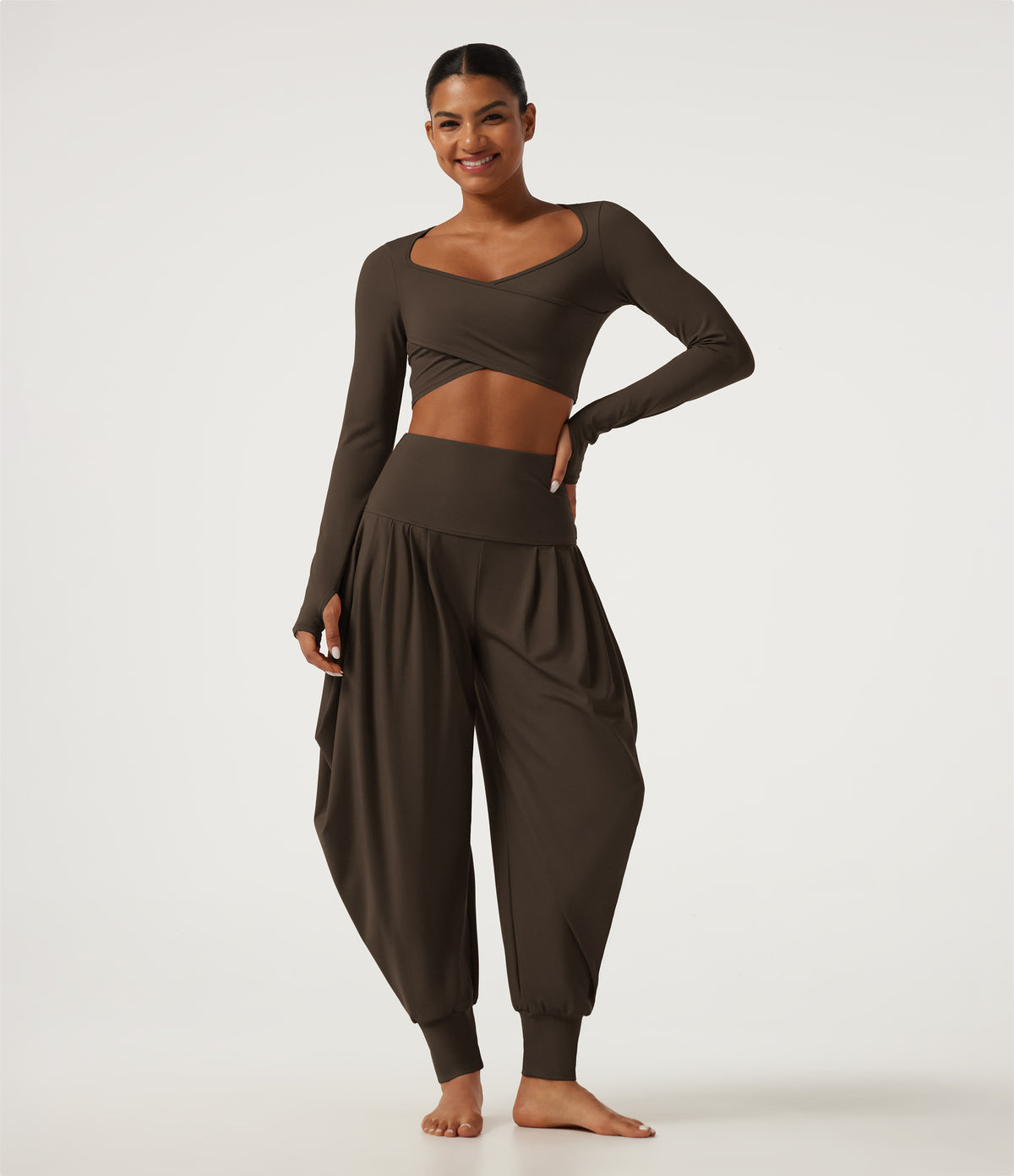 Airy Queen Anne Neck Long Sleeve Thumb Hole Crossover Hem InstantCool Cropped Yoga Sports Top — Chocolate Martini — view 7