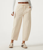 Mid Rise Drawstring Barrel Leg Casual Trousers with Pockets — Oat Milk — view 3