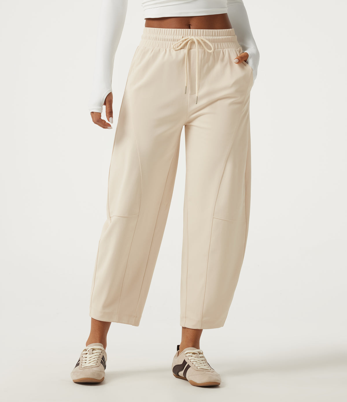 Mid Rise Drawstring Barrel Leg Casual Trousers with Pockets — Oat Milk — view 3