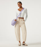 Mid Rise Drawstring Barrel Leg Casual Trousers with Pockets — Oat Milk — view 4