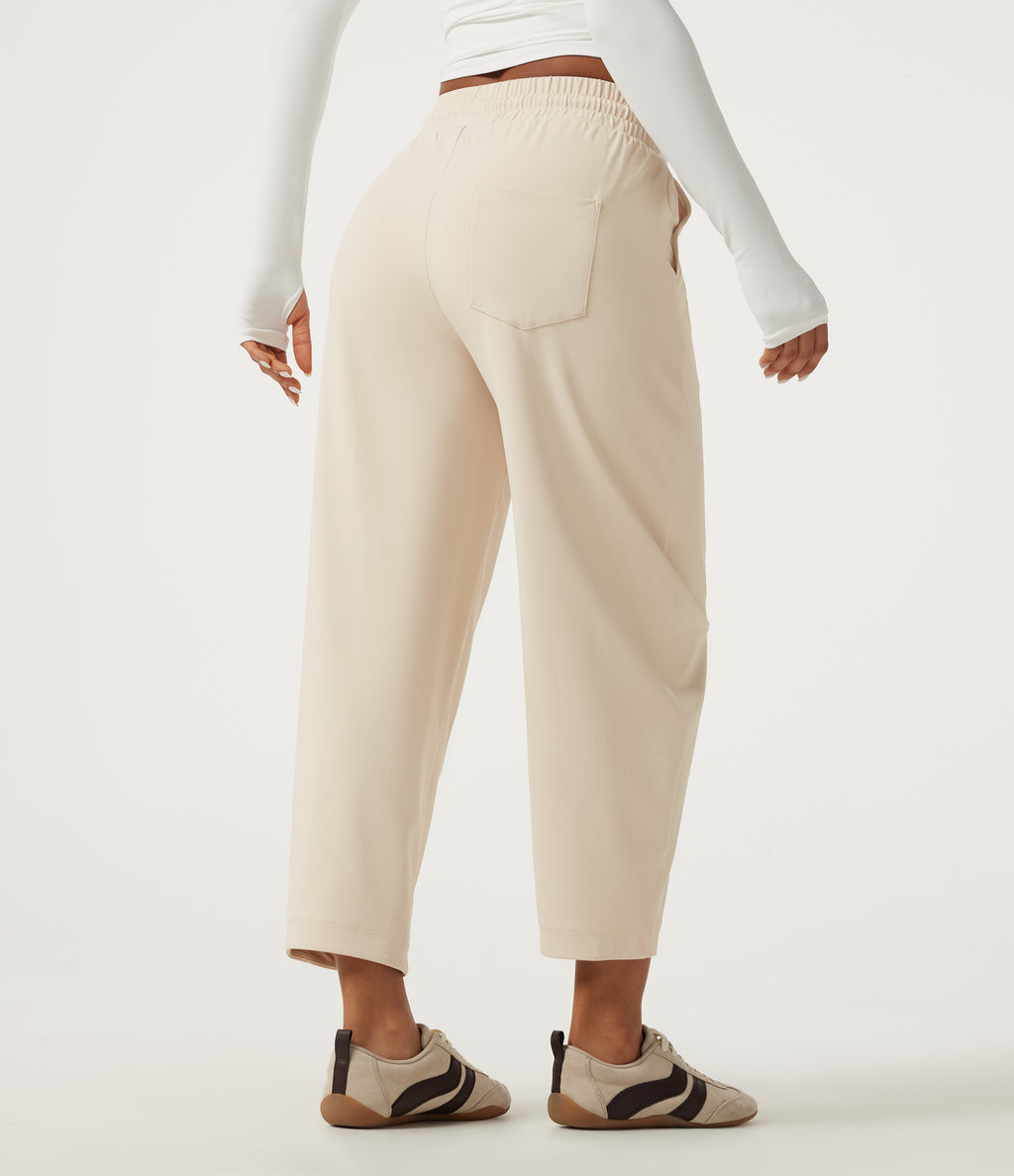 Mid Rise Drawstring Barrel Leg Casual Trousers with Pockets — Oat Milk — view 2