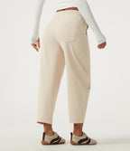 Mid Rise Drawstring Barrel Leg Casual Trousers with Pockets — Oat Milk — view 2