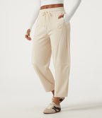 Mid Rise Drawstring Barrel Leg Casual Trousers with Pockets — Oat Milk — view 1