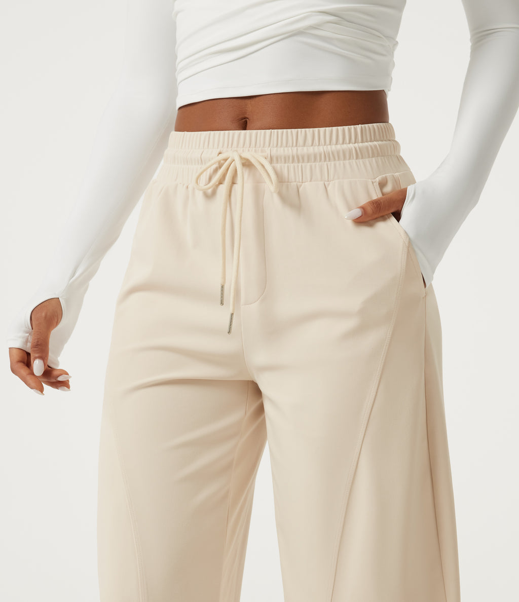 Mid Rise Drawstring Barrel Leg Casual Trousers with Pockets — Oat Milk — view 5