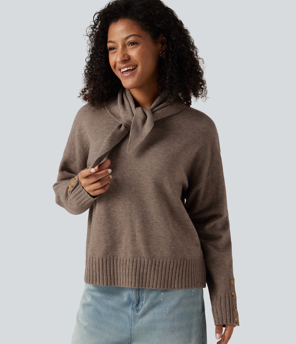 Round Neck Long Sleeve Casual Jumper with Scarf — Oatstone Beige — view 3