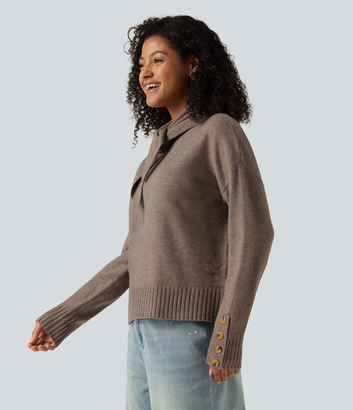 Round Neck Long Sleeve Casual Jumper with Scarf — Oatstone Beige — view 5