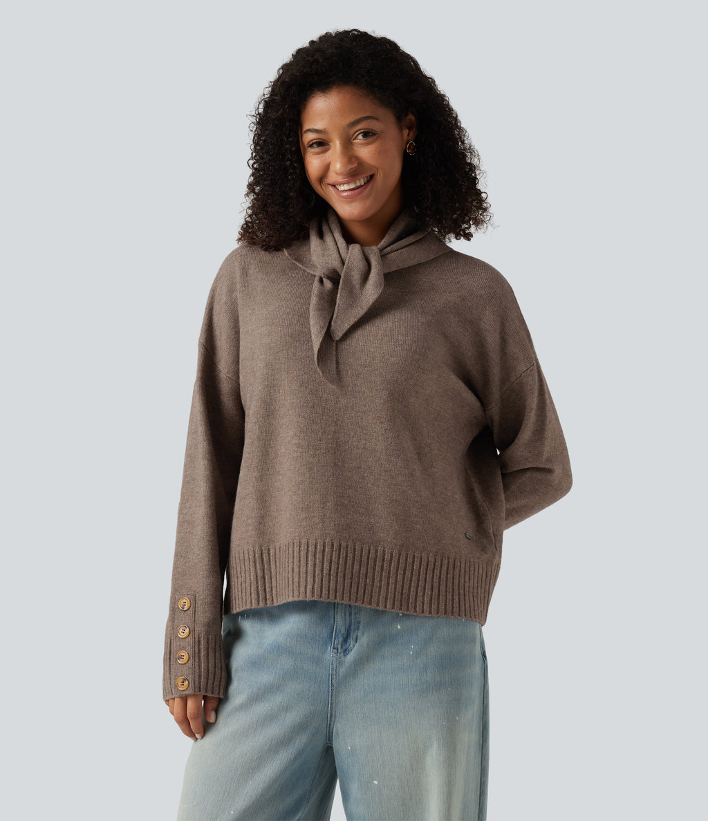 Round Neck Long Sleeve Casual Jumper with Scarf — Oatstone Beige — view 1