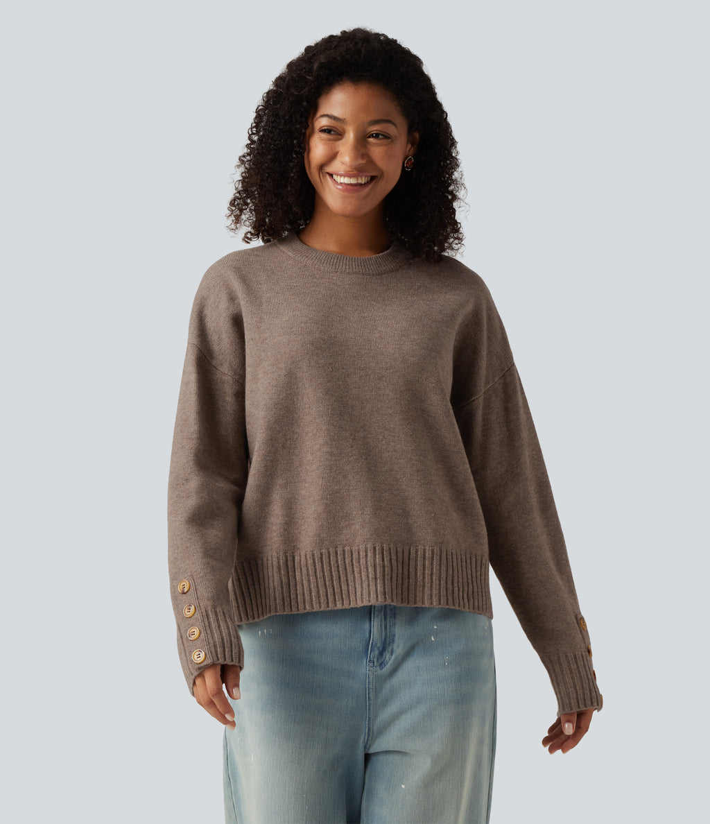 Round Neck Long Sleeve Casual Jumper with Scarf — Oatstone Beige — view 6