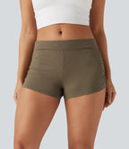 Ribbed Knit Low Rise Ruched Casual Shorts 3'' — Shitake — view 1