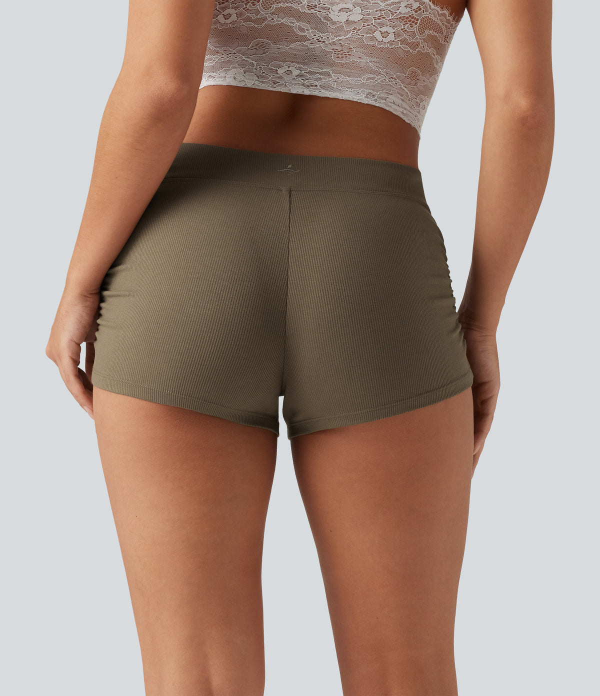Ribbed Knit Low Rise Ruched Casual Shorts 3'' — Shitake — view 2
