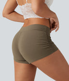 Ribbed Knit Low Rise Ruched Casual Shorts 3'' — Shitake — view 5